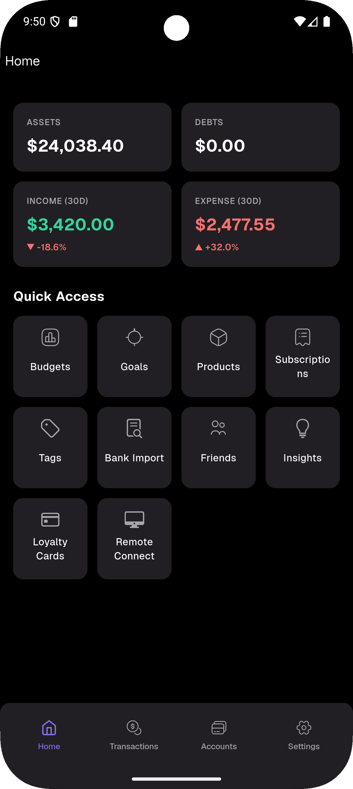 Budget Buddy home screen showing assets, debts, income, expense and quick-access tiles