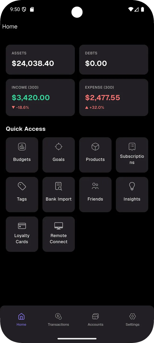 Budget Buddy home screen showing assets, debts, income, expense and quick-access tiles