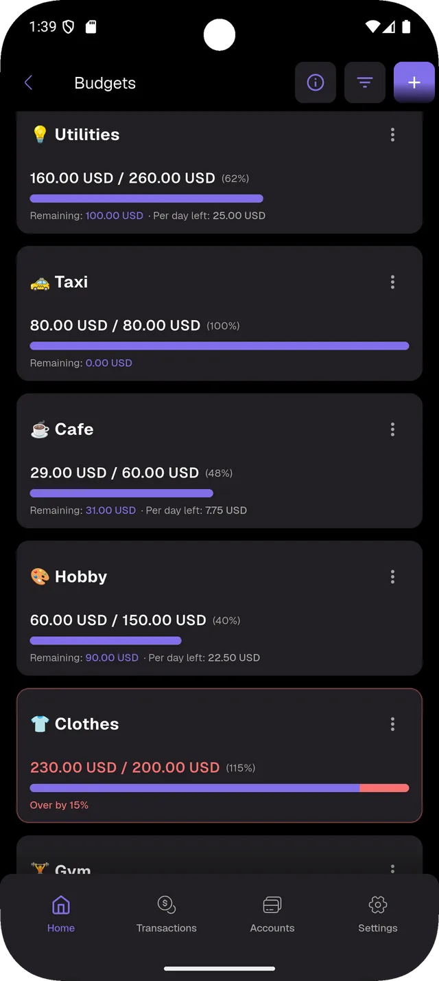 Budgets — Per-category caps with over-budget alerts