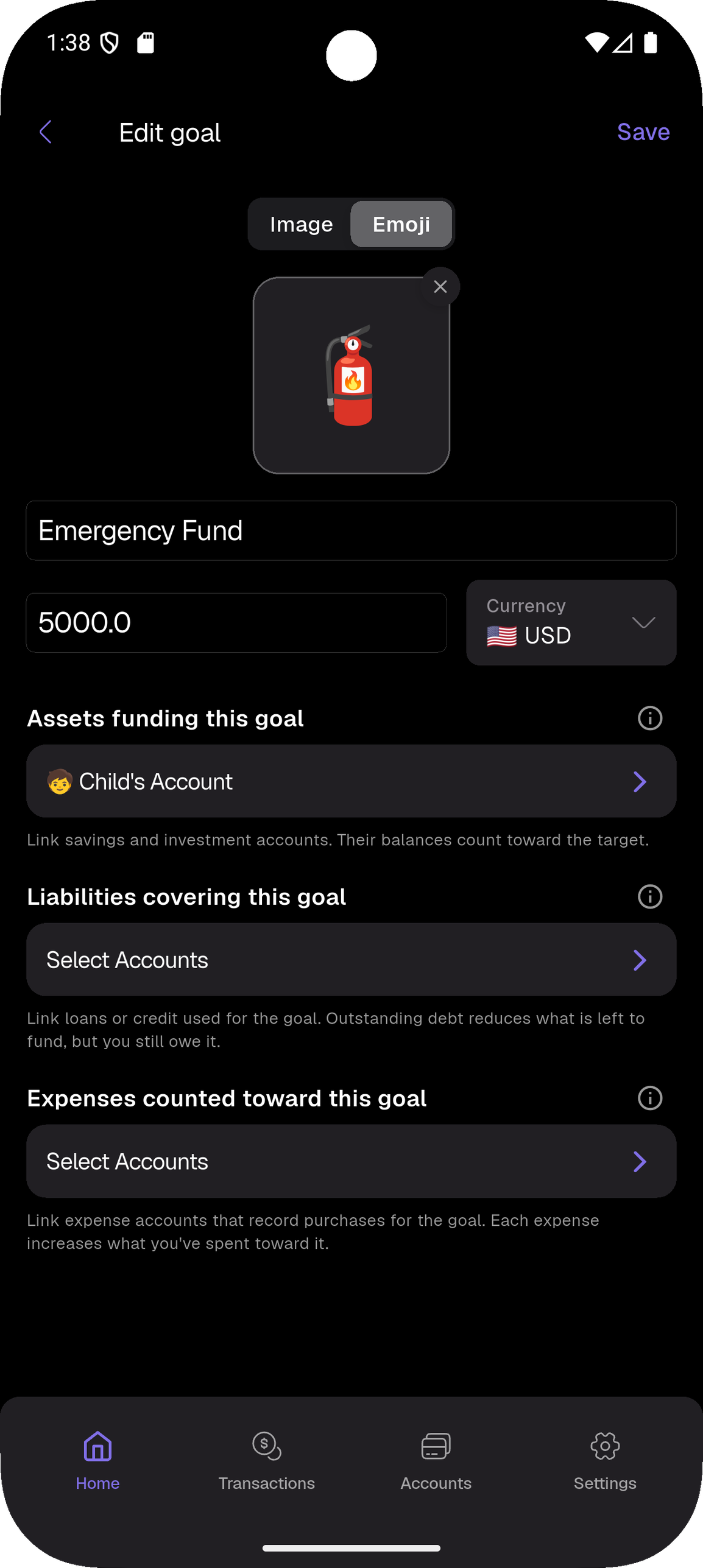 Edit a goal — Link assets, liabilities, and expense accounts