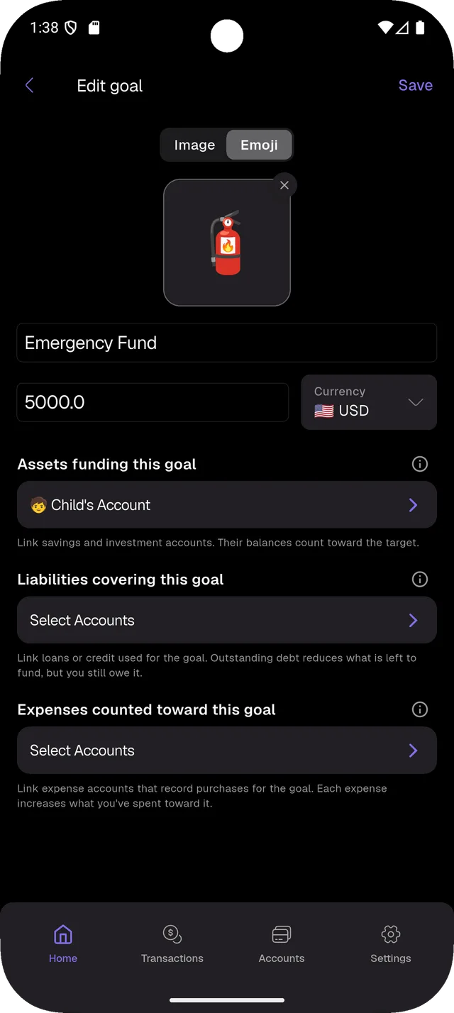 Edit a goal — Link assets, liabilities, and expense accounts