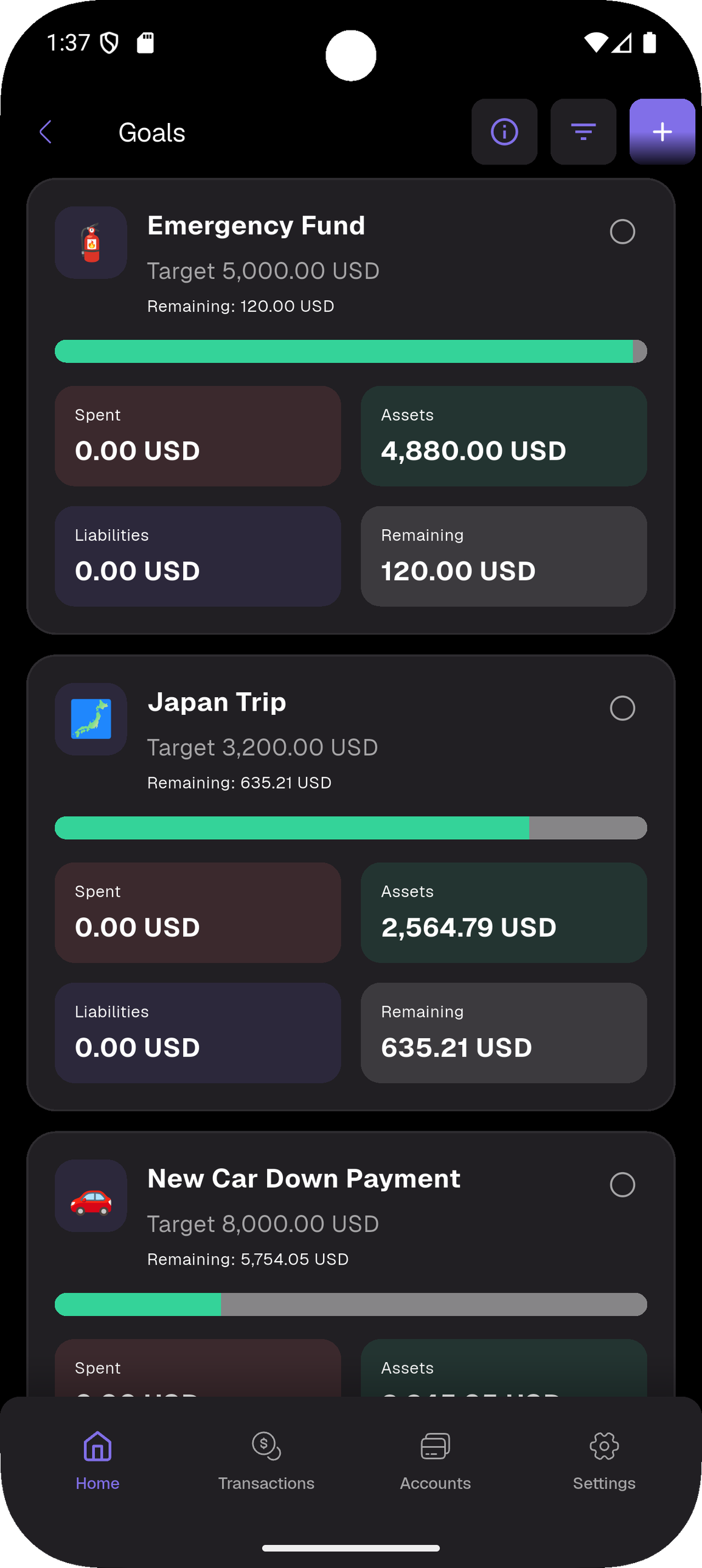 Goals — Track multiple savings targets at once