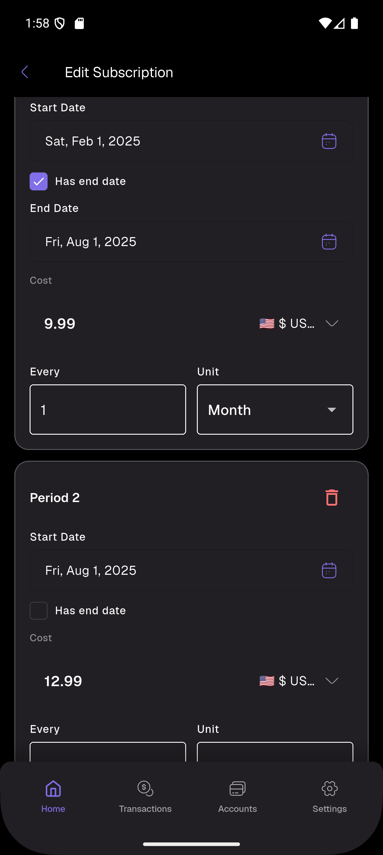 Edit subscription — Multi-period pricing for plan or price changes