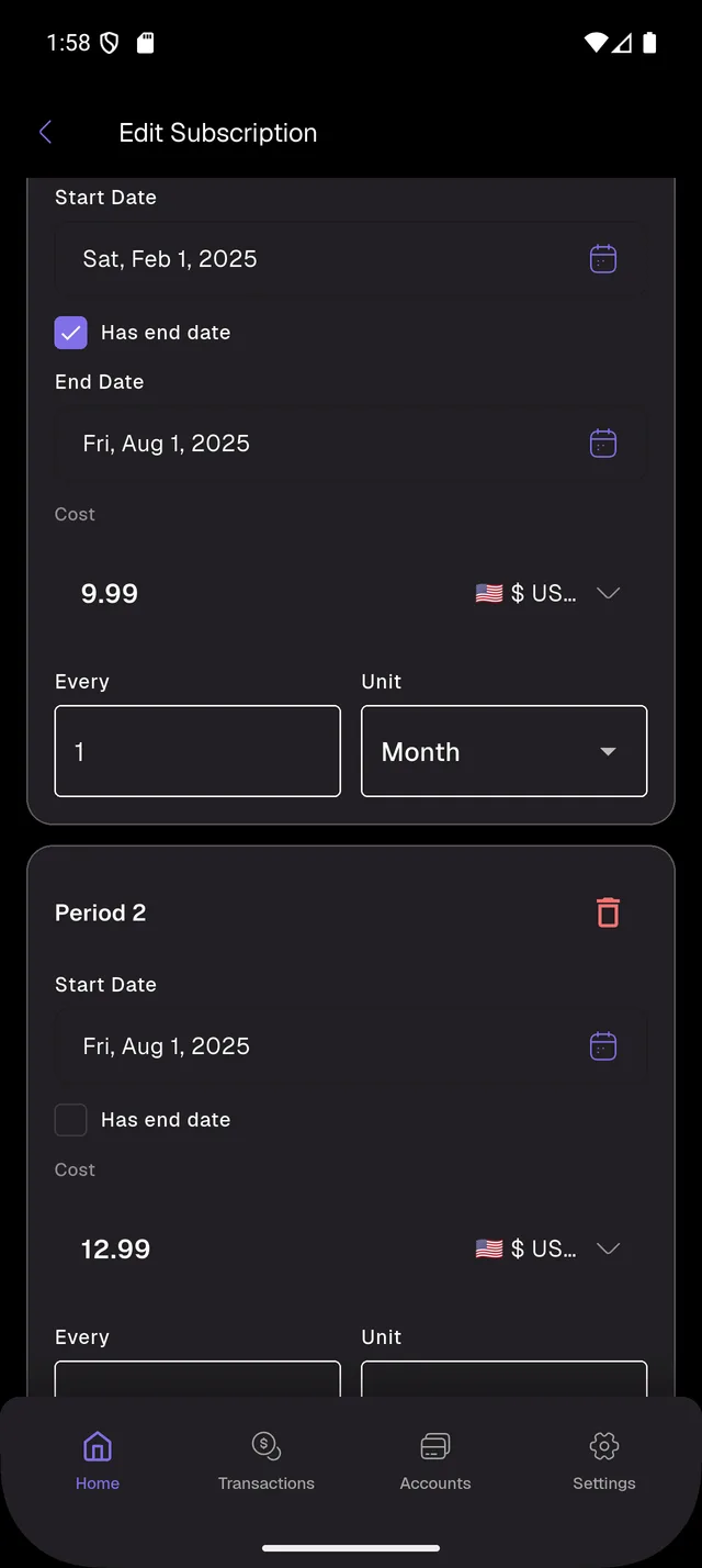 Edit subscription — Multi-period pricing for plan or price changes