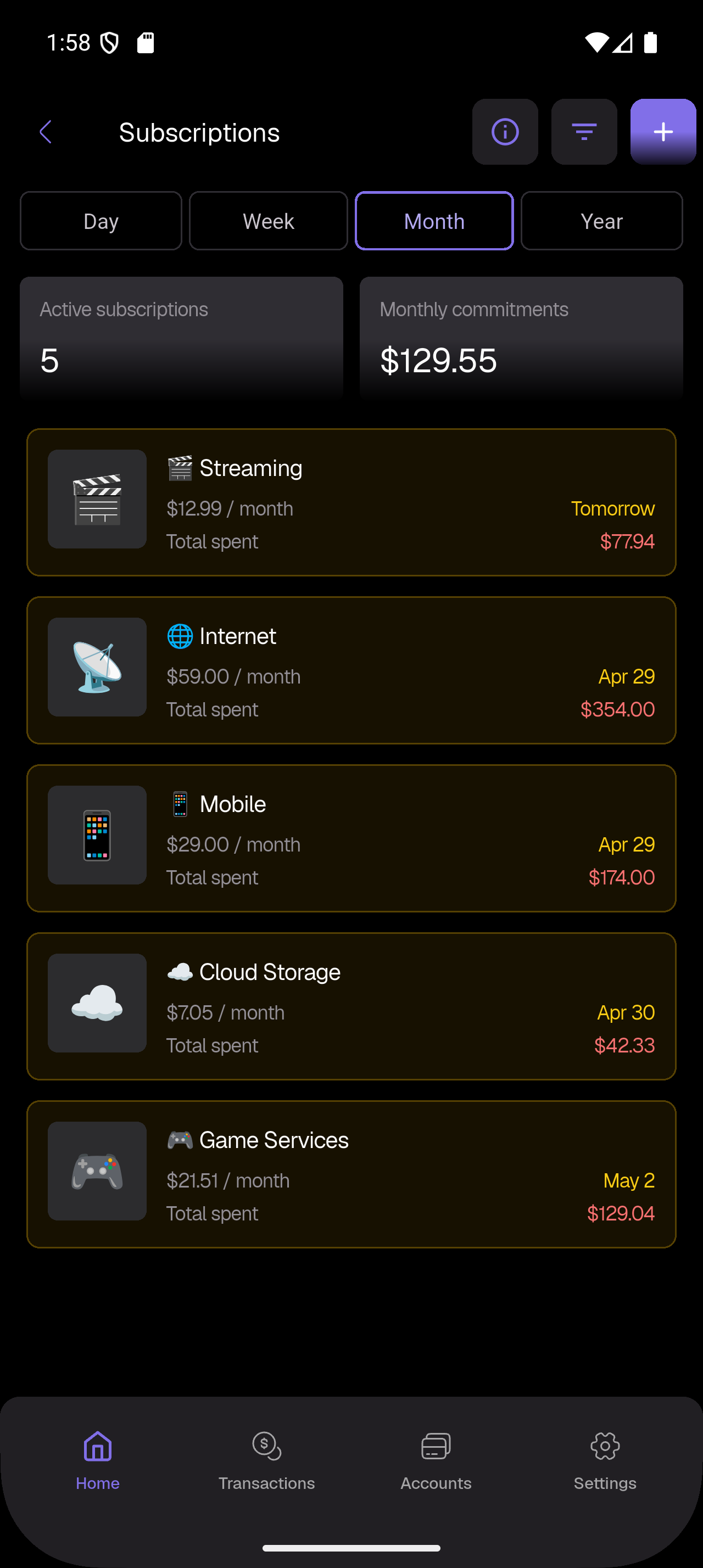 Subscriptions — Active count, monthly commitments, per-row totals